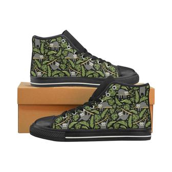 Cute sloths tropical palm leaves black background Men's High Top Shoes Black - Monsterry