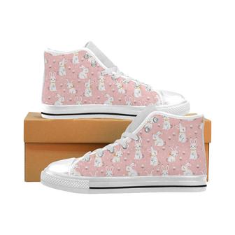 Cute white rabbit flower pink background Men's High Top Shoes White - Monsterry CA