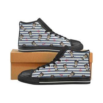 Dachshund Anchor Navy Blue Pattern Women's High Top Shoes Black - Monsterry