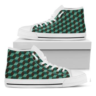 Dark Green Geometric Cube White High Top Shoes - Monsterry AU