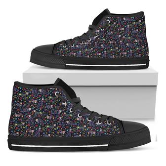 Day Of The Dead Calavera Cat Print Black High Top Shoes - Monsterry