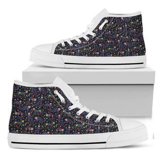 Day Of The Dead Calavera Cat Print White High Top Shoes - Monsterry