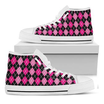 Deep Pink And Black Argyle White High Top Shoes - Monsterry
