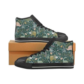 dinosaurs tropical leaves flower pattern Men's High Top Shoes Black - Monsterry