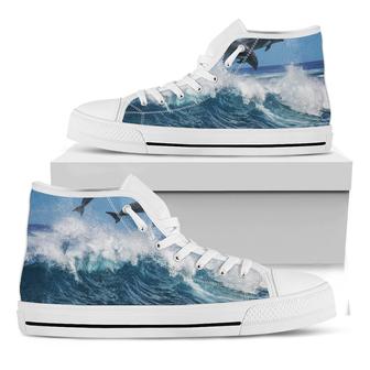 Dolphins Jumping Over Waves Print White High Top Shoes - Monsterry AU