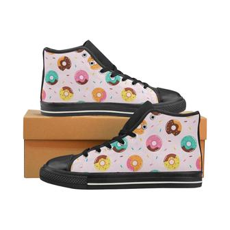 Donut pattern glaze pink background Women's High Top Shoes Black - Monsterry DE