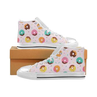 Donut pattern glaze pink background Women's High Top Shoes White - Monsterry