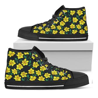 Drawing Daffodil Flower Pattern Print Black High Top Shoes - Monsterry
