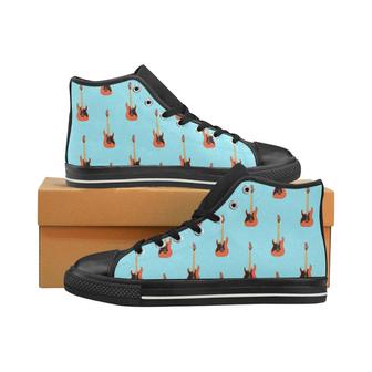electric guitar pattern light blue background Men's High Top Shoes Black - Monsterry