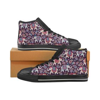 Elephant indian style ornament pattern Men's High Top Shoes Black - Monsterry