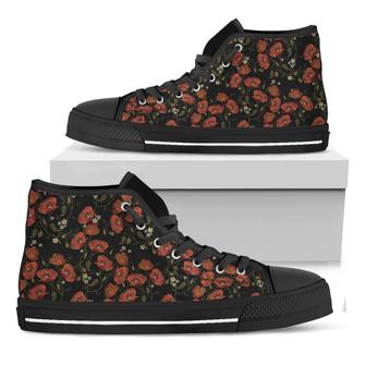 Embroidery Poppy Pattern Print Black High Top Shoes - Monsterry AU