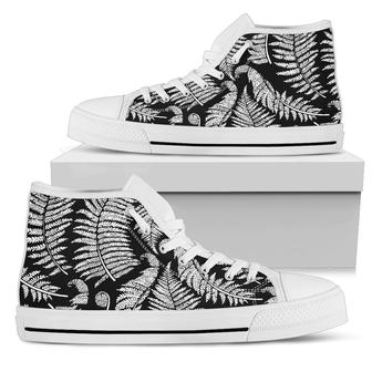 Fern Leaves Black White Print Pattern Women High Top Shoes - Monsterry CA