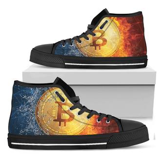 Fire And Water Bitcoin Print Black High Top Shoes - Monsterry AU