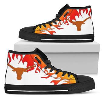 Fire Burning Fierce Strong Logo Texas Longhorns High Top Shoes | Favorety DE