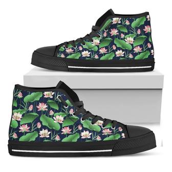 Flower And Leaf Lotus Pattern Print Black High Top Shoes - Monsterry