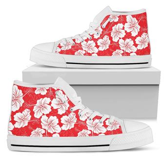 Flower Hawaiian Hibiscus Red Background Print Women High Top Shoes - Monsterry AU