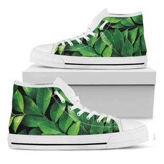 Fresh Green Leaf Print White High Top Shoes - Monsterry