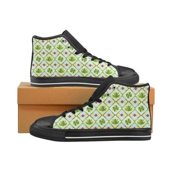 Frog Clover leaves Pattern Women's High Top Shoes Black - Monsterry