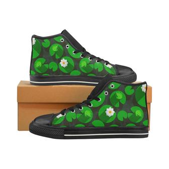 Frog waterlily pattern Men's High Top Shoes Black - Monsterry