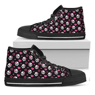 Girly Emo Skull Pattern Print Black High Top Shoes - Monsterry