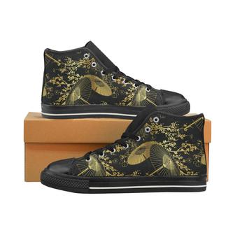 Gold Fan Flower Japanese Pattern Men's High Top Shoes Black - Monsterry UK