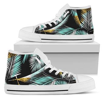 Gold Glitter Cyan Tropical Palm Leaves Men High Top Shoes - Monsterry
