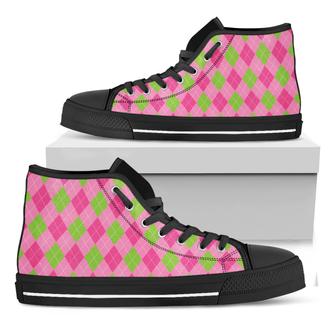 Green And Pink Argyle Pattern Print Black High Top Shoes - Monsterry CA