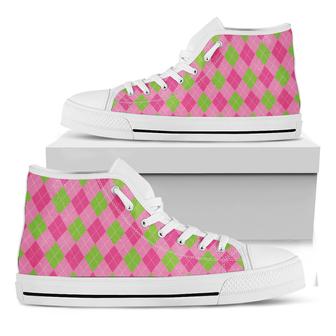 Green And Pink Argyle Pattern Print White High Top Shoes - Monsterry UK