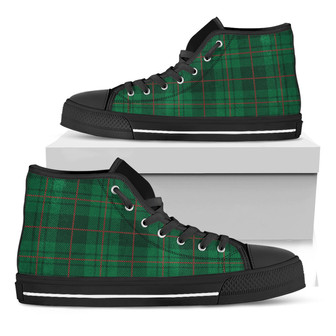 Green And Red Stewart Tartan Print Black High Top Shoes - Monsterry