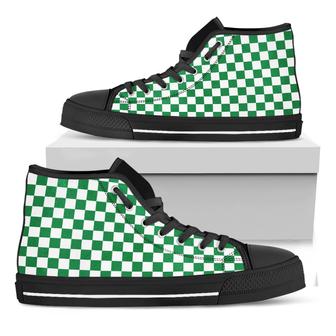Green And White Checkered Pattern Print Black High Top Shoes - Monsterry