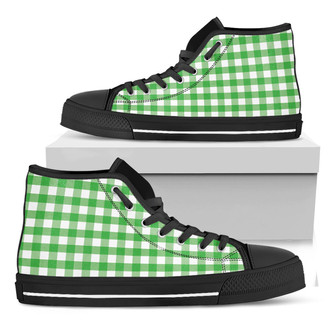Green And White Gingham Pattern Print Black High Top Shoes - Monsterry