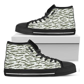 Green And White Tiger Stripe Camo Print Black High Top Shoes - Monsterry UK