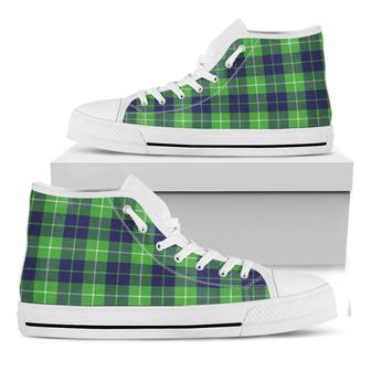 Green Blue And White Tartan Print White High Top Shoes - Monsterry