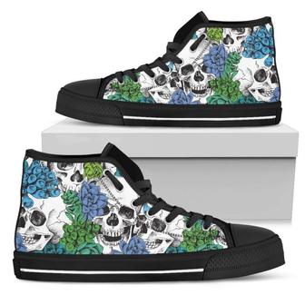 Green Blue Flowers Skull Men's High Top Shoes - Monsterry AU