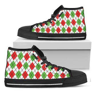 Green Red And White Argyle Black High Top Shoes - Monsterry UK