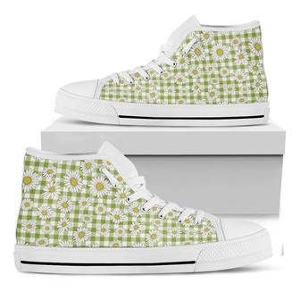 Green Tartan Daisy Pattern Print White High Top Shoes - Monsterry CA