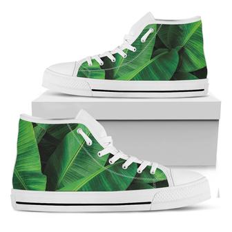 Green Tropical Banana Palm Leaf Print White High Top Shoes - Monsterry UK