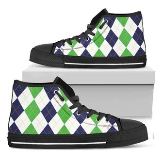 Green White And Navy Argyle Print Black High Top Shoes - Monsterry AU