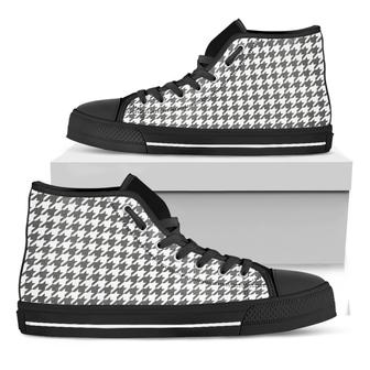 Grey And White Houndstooth Pattern Print Black High Top Shoes - Monsterry CA