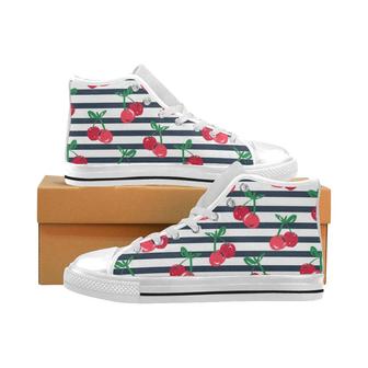 Hand drawn cherry pattern striped background Men's High Top Shoes White - Monsterry AU