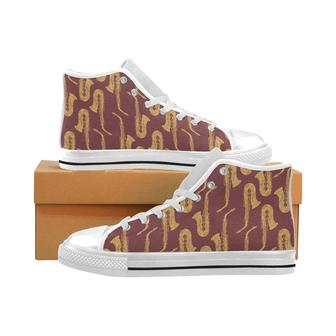 Hand drawn gold saxophone red background Men's High Top Shoes White - Monsterry