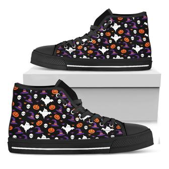 Happy Halloween Ghost Pattern Print Black High Top Shoes - Monsterry AU
