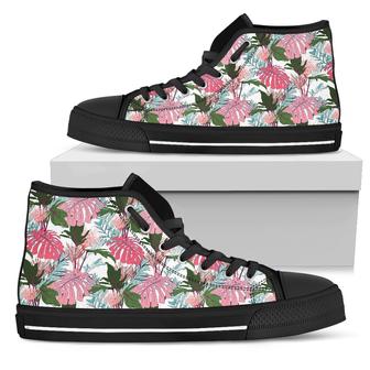 Hawaiian Shoes - Pink Monstera And Green Tropical Leaves White High Top Shoes - Monsterry DE