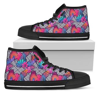 Hawaiian Shoes - Tropical Exotic Leaves And Flowers On Geometrical Ornament. High Top Shoes - Monsterry UK