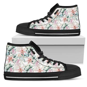 Hawaiian Shoes - Tropical Pattern With Orchids, Leaves And Gold Chains. High Top Shoes - Monsterry DE