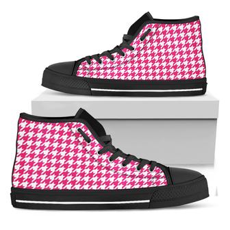 Hot Pink And White Houndstooth Print Black High Top Shoes - Monsterry DE