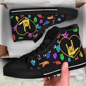 I Love You Sign Language Black Shoes For Gift Birthday Canvas High Top Shoes - Monsterry UK
