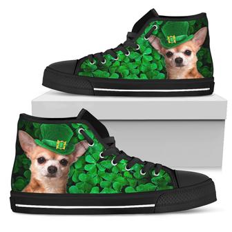 Irish Chihuahua Wearing Green Hat With Shamrock Pattern High Top Shoes - Monsterry DE