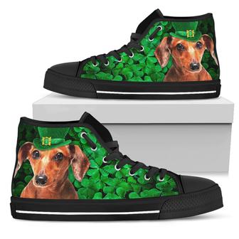 Irish Dachshund Wearing Green Hat With Shamrock Pattern High Top Shoes - Monsterry