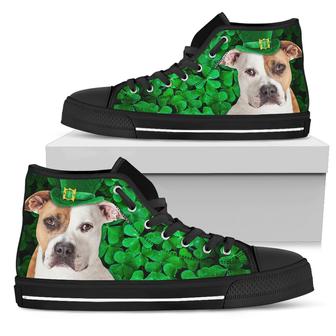 Irish Pitbull Wearing Green Hat With Shamrock Pattern High Top Shoes - Monsterry CA